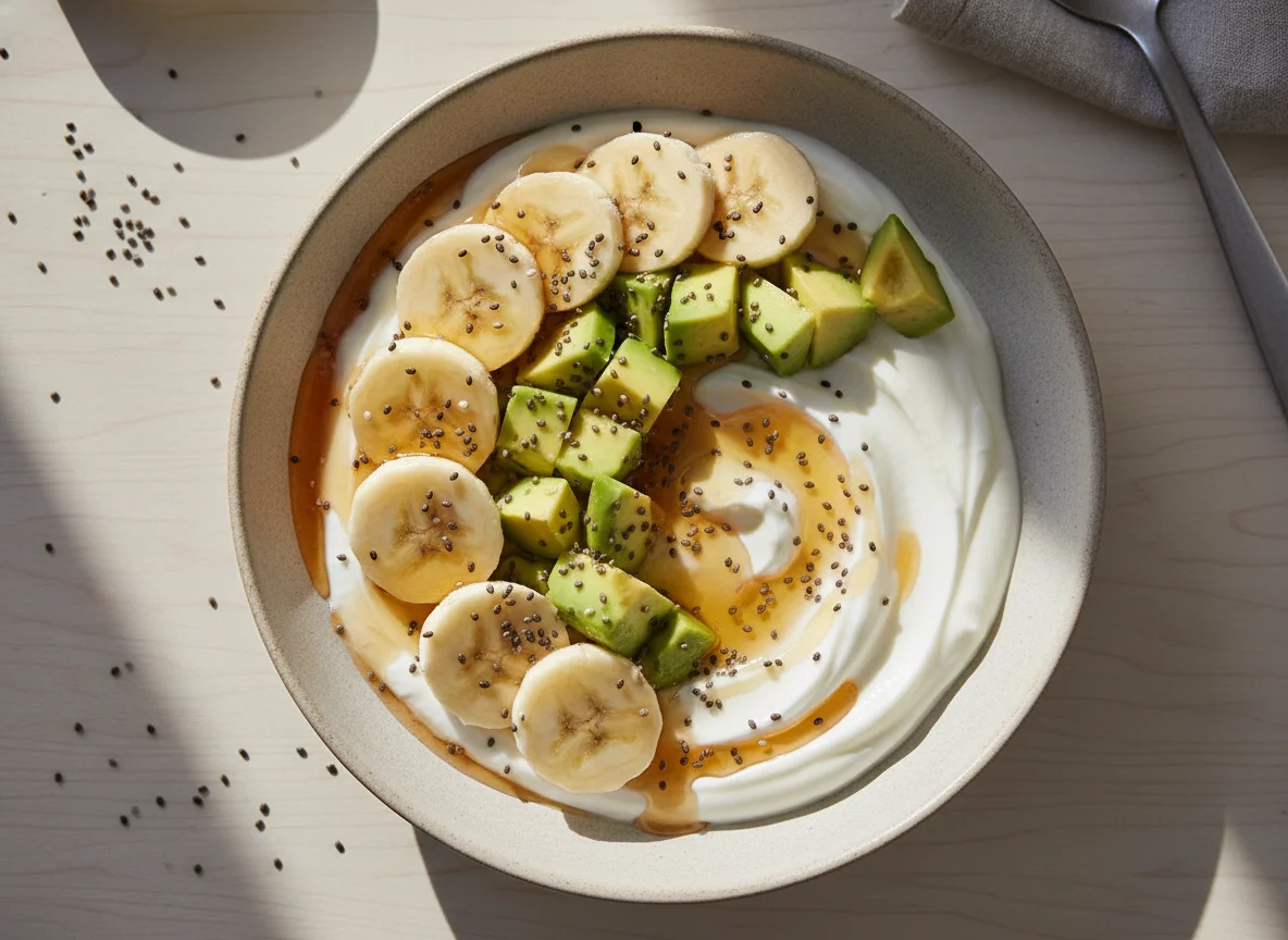 Greek yogurt bowl with banana, avocado, and honey photo
