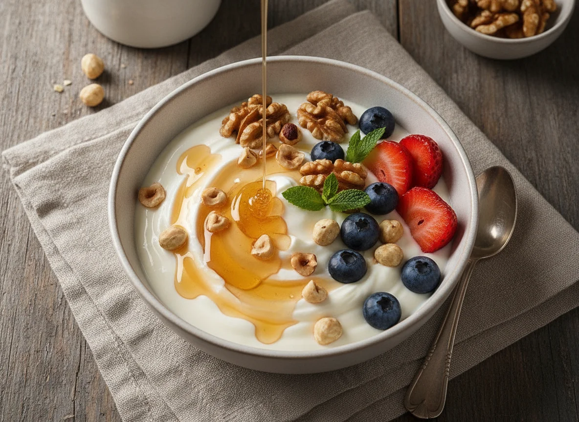 Greek Yogurt Bowl with Nuts and Berries photo