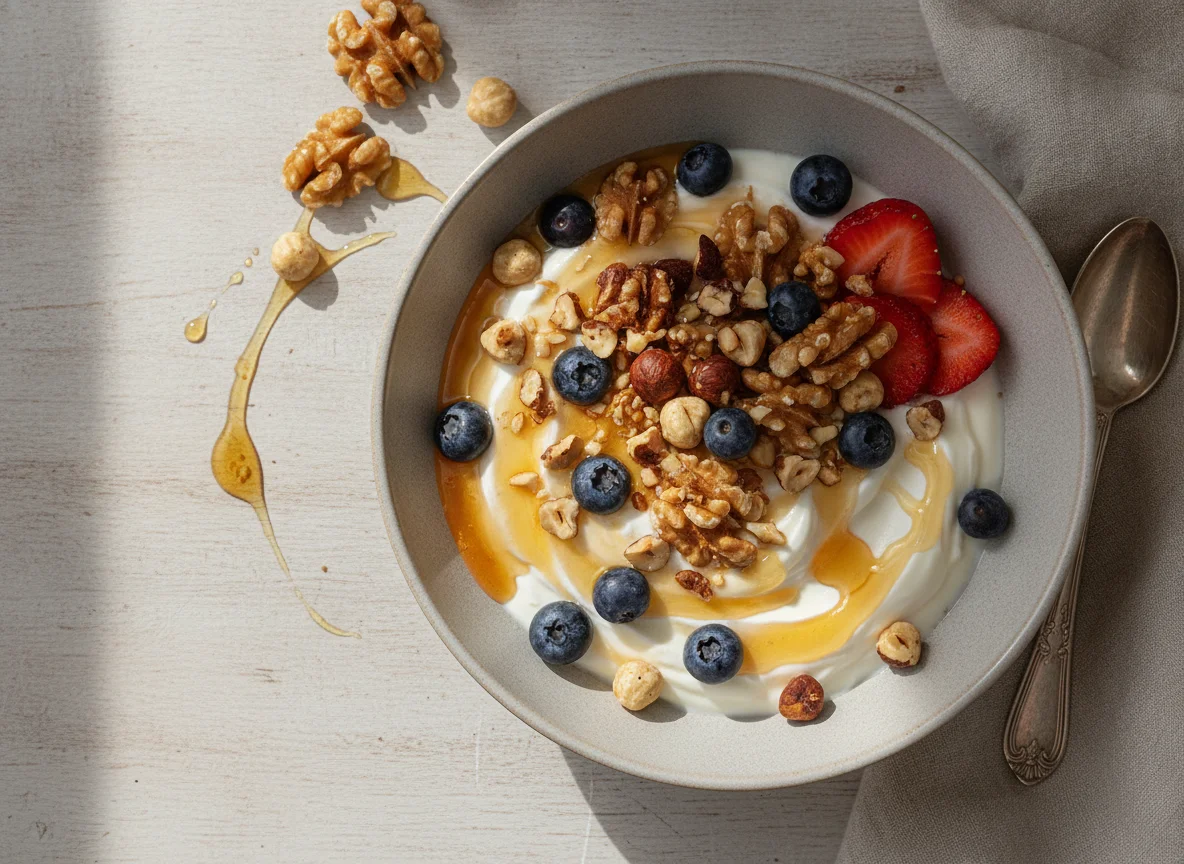 Greek yogurt bowl with nuts, berries and honey photo