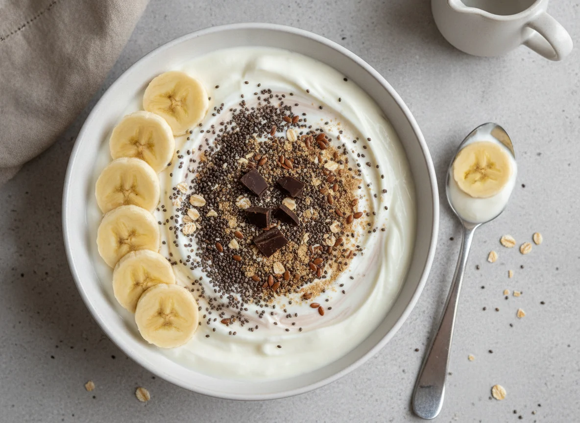Greek yogurt bowl with seeds, banana, and whey photo