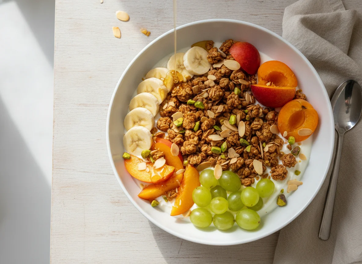 Greek Yogurt Breakfast Bowl with Granola and Fresh Fruit photo