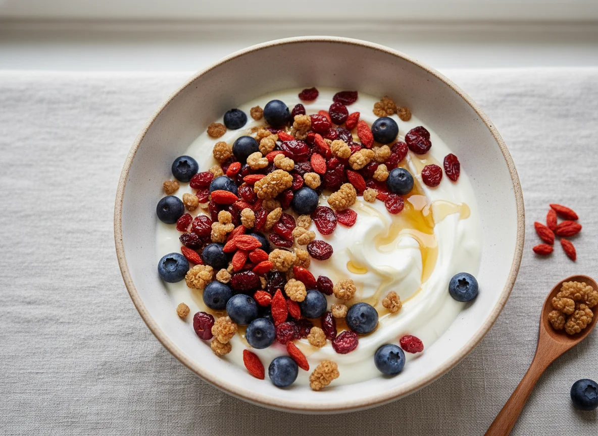 Greek Yogurt with Berries and Dried Fruit photo