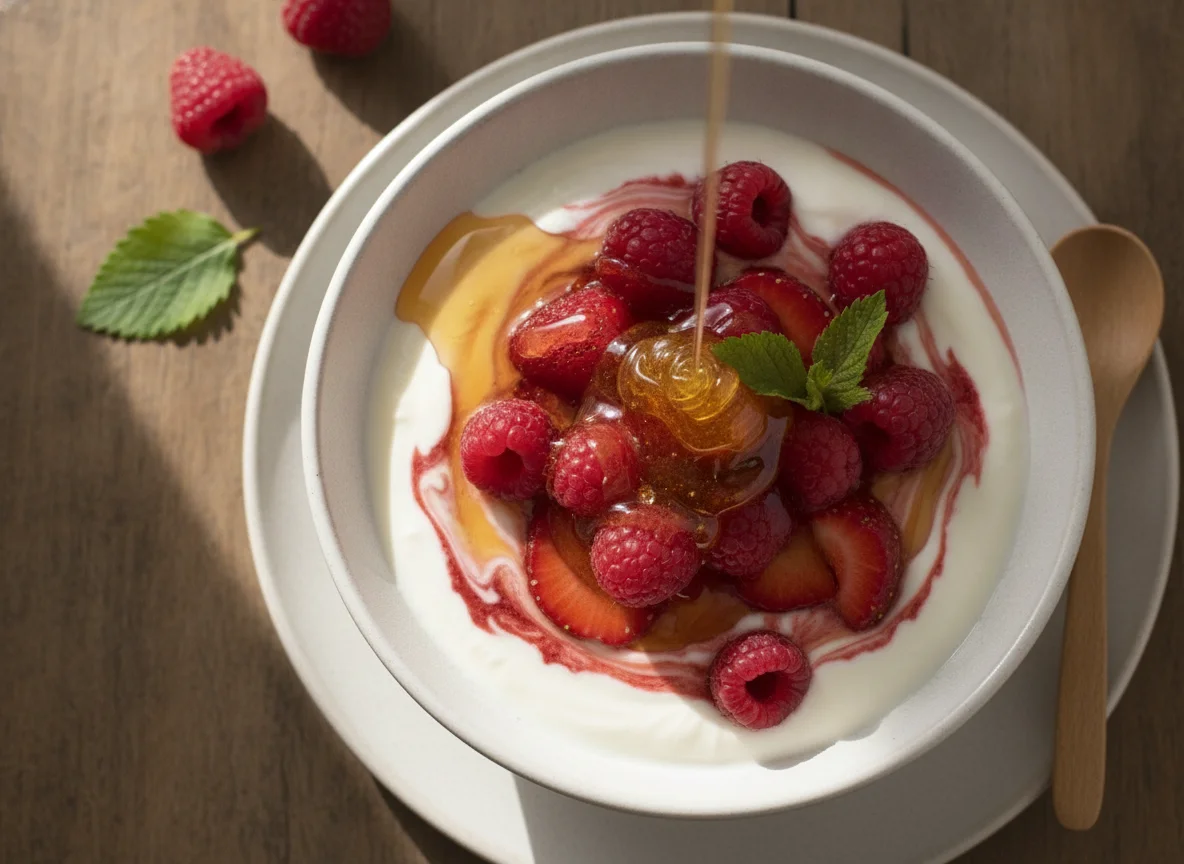 Greek yogurt with berries and honey photo