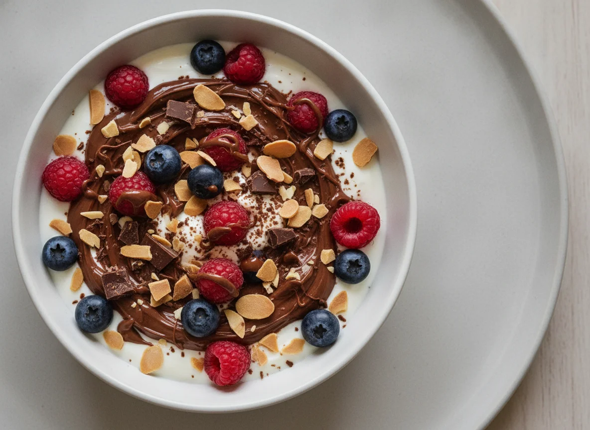 Greek yogurt with berries and milk chocolate photo