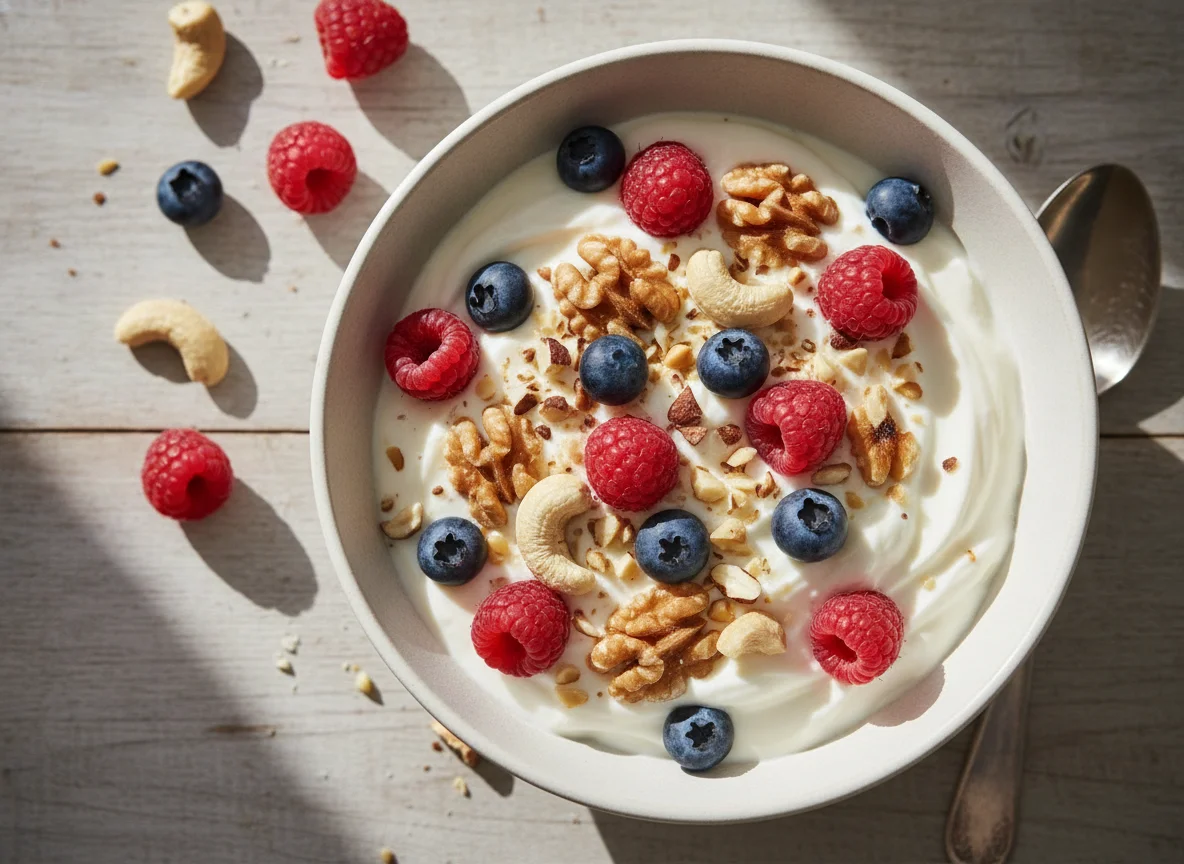 Greek yogurt with berries and nuts photo