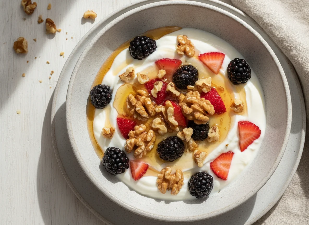 Greek yogurt with berries and walnuts photo