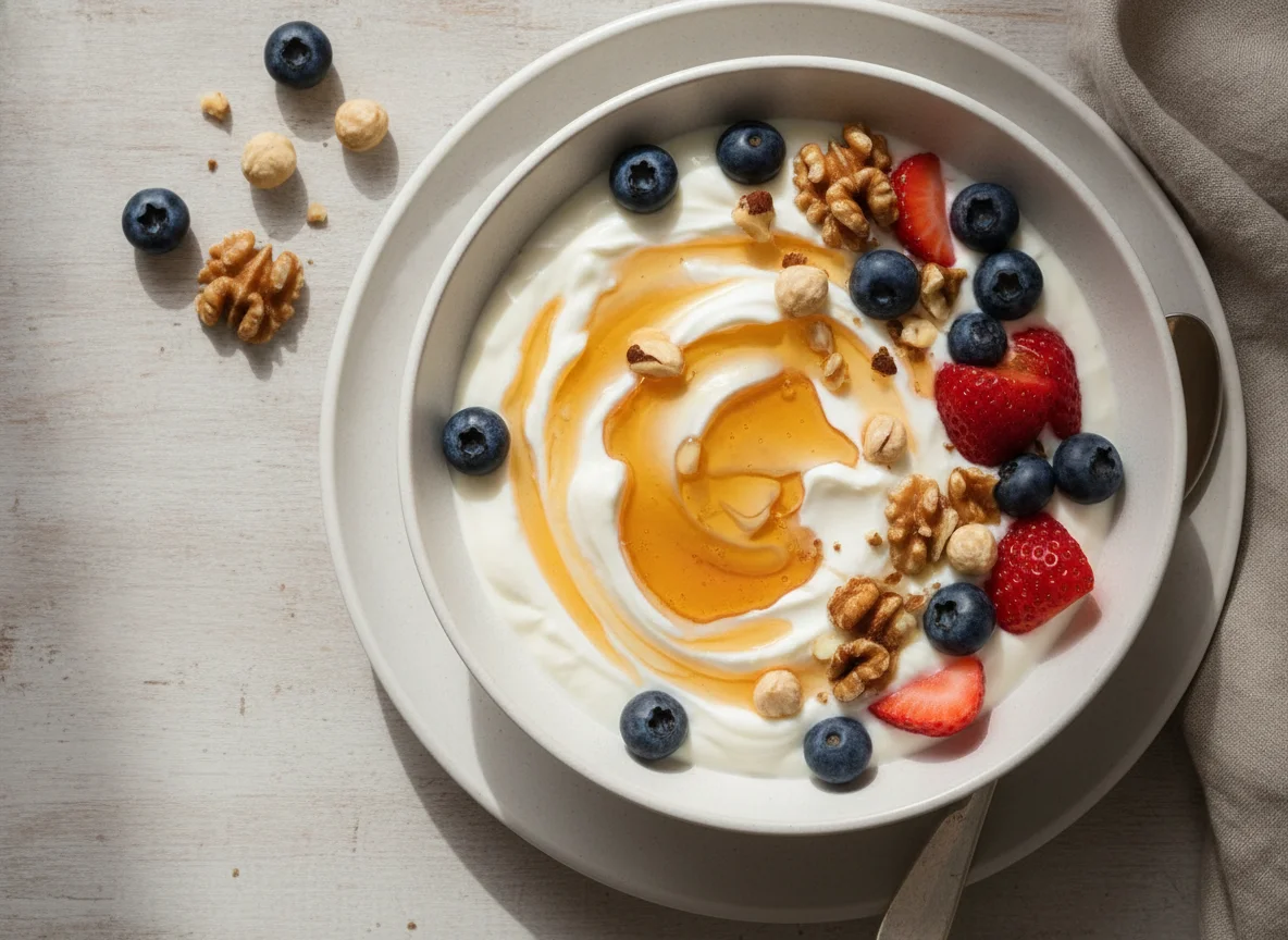 Greek Yogurt with Berries, Nuts and Honey photo