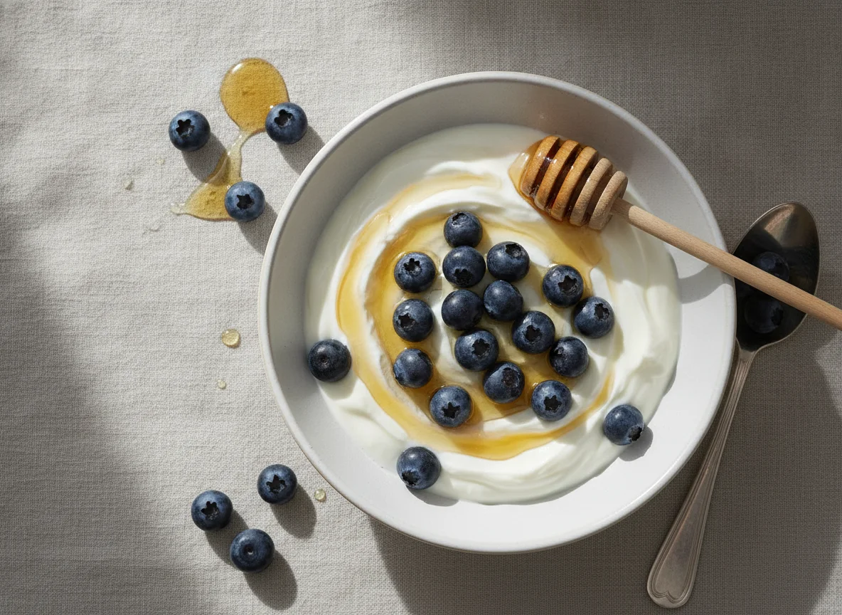 Greek yogurt with blueberries and honey photo