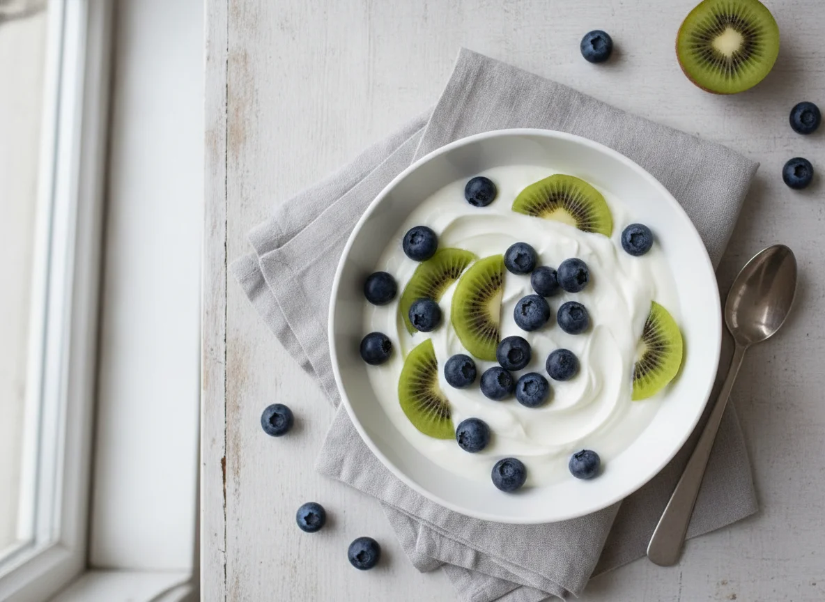 Greek yogurt with blueberries and kiwi photo