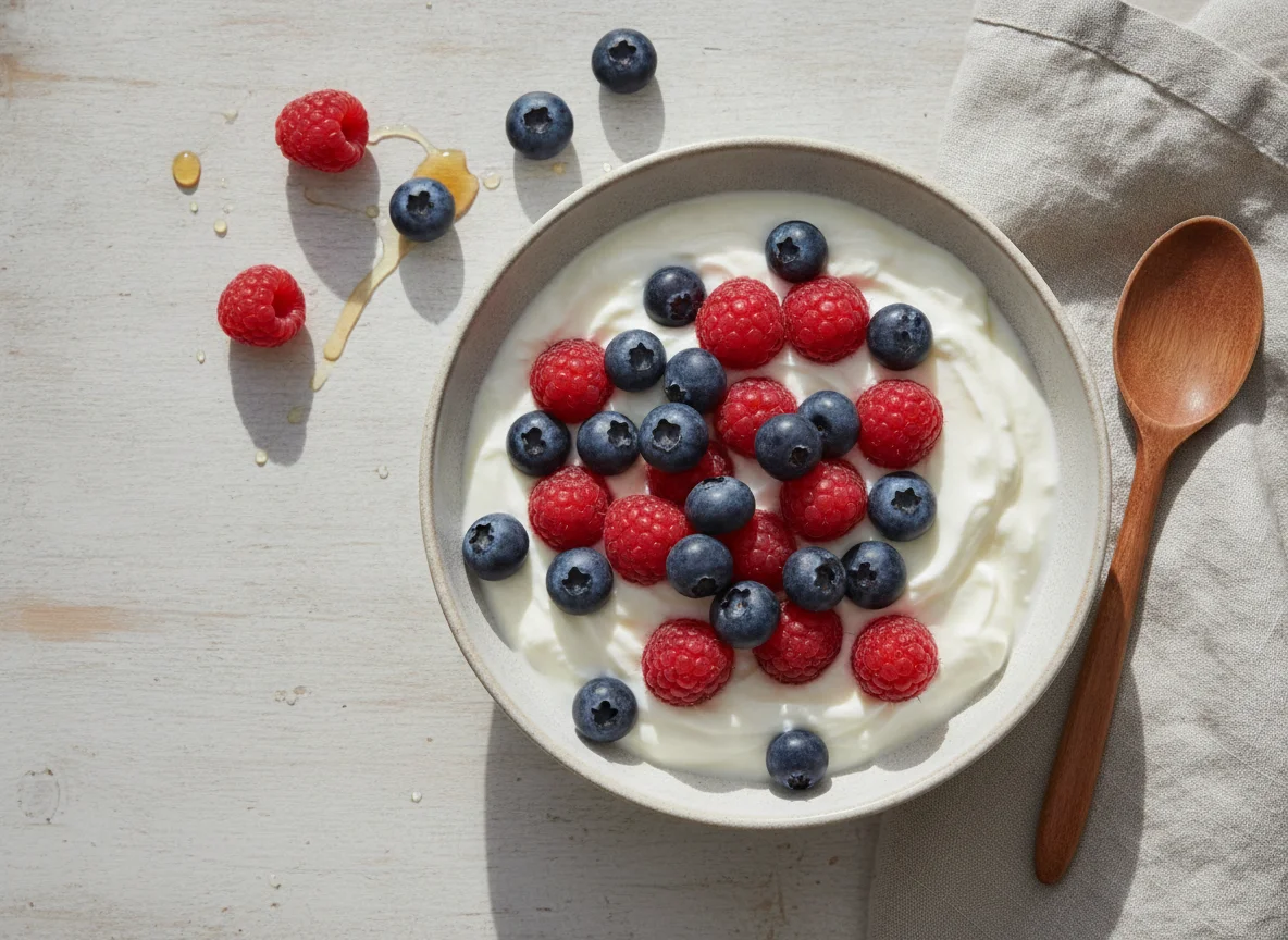 Greek yogurt with blueberries and raspberries photo