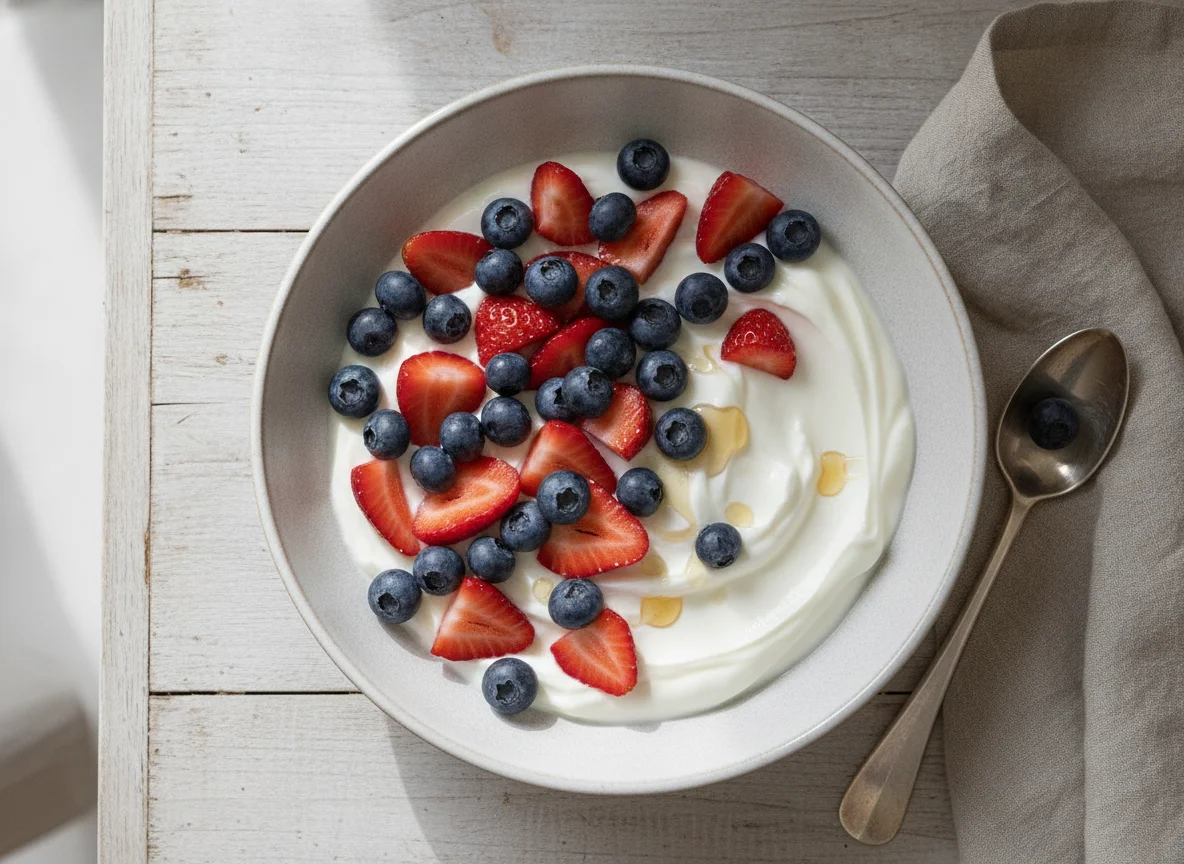 Greek yogurt with blueberries and strawberries photo