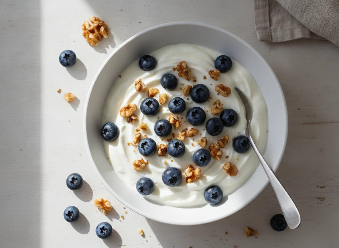 Greek yogurt with blueberries and walnuts photo