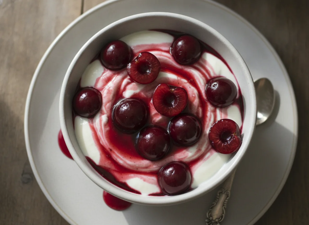 Greek yogurt with cherries photo