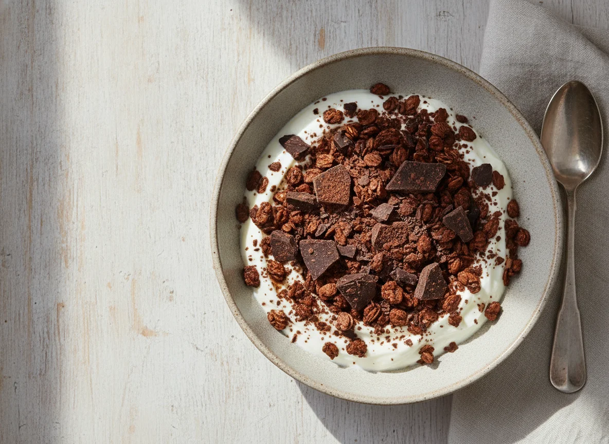 Greek yogurt with chocolate granola photo