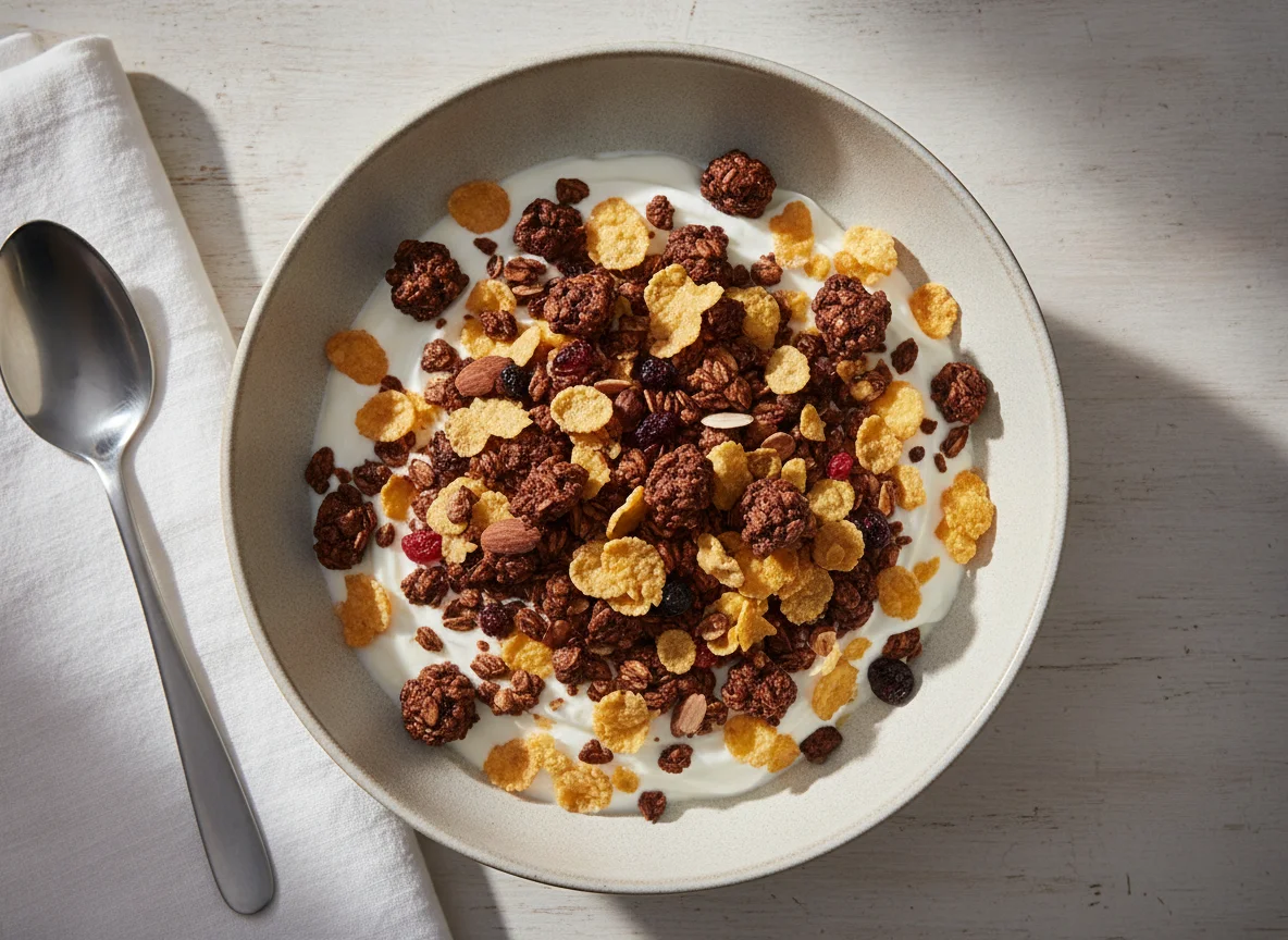 Greek yogurt with granola and cornflakes photo