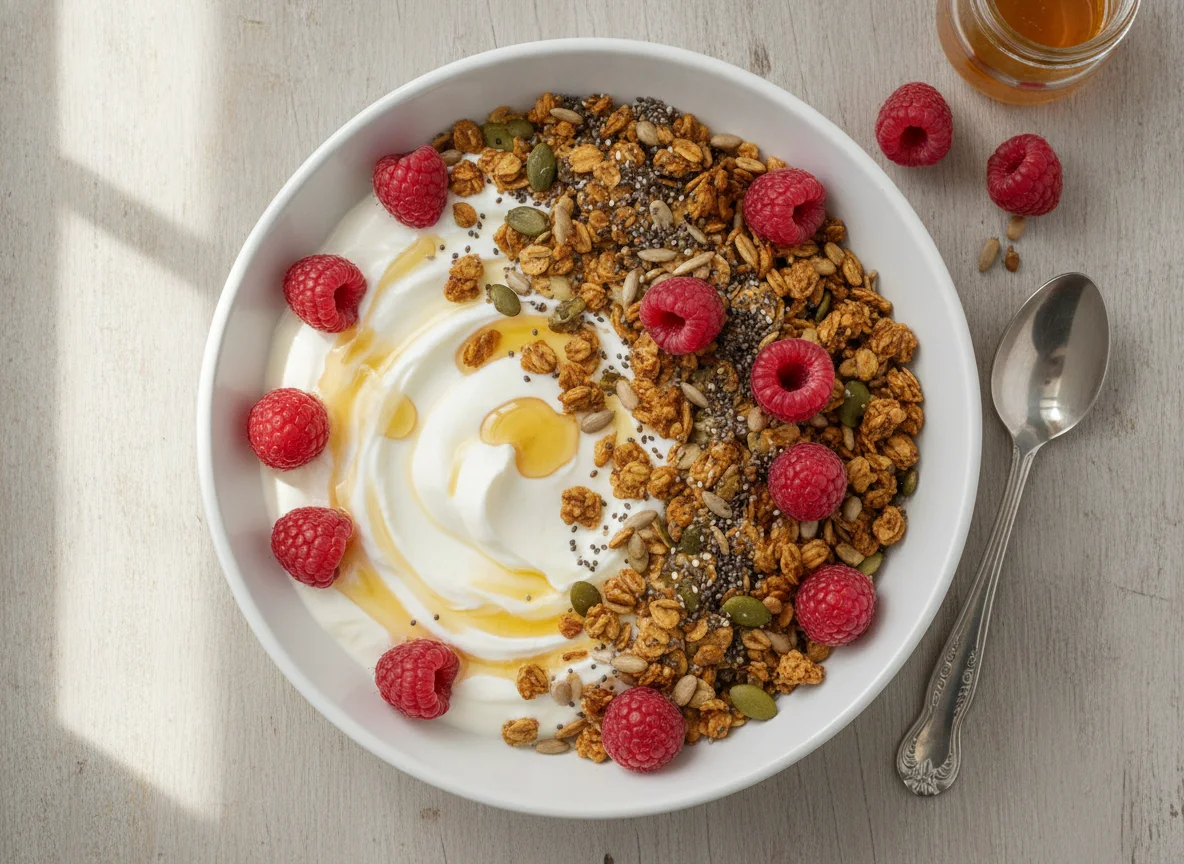 Greek yogurt with granola and raspberries photo