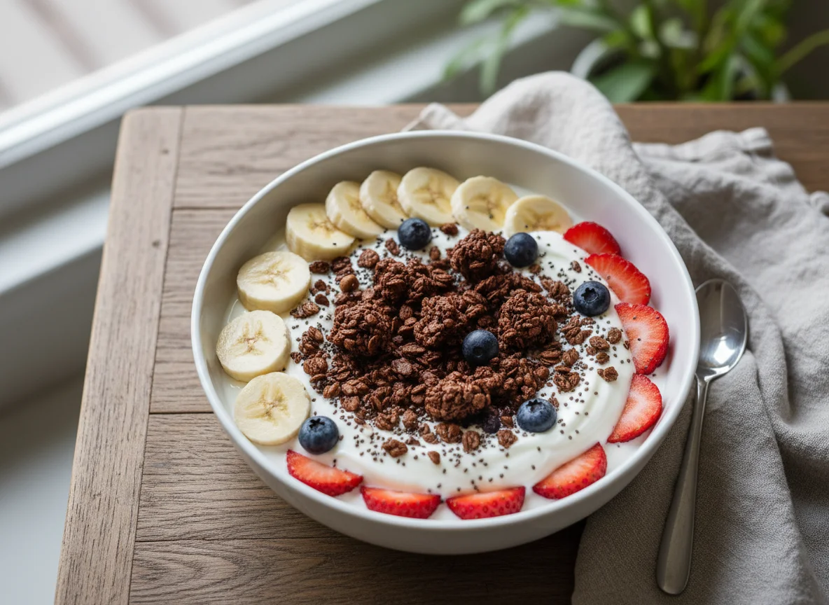 Greek Yogurt with Granola, Banana, and Strawberry photo