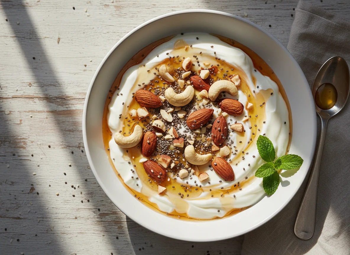 Greek Yogurt with Honey, Nuts, and Chia Seeds photo