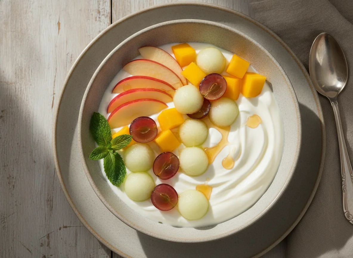 Greek yogurt with mixed fruit photo