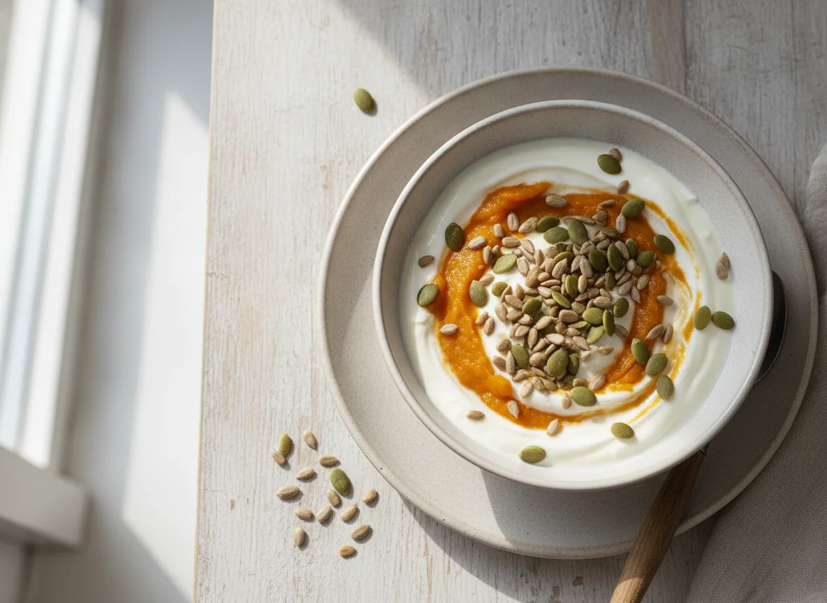 Greek yogurt with pumpkin and sunflower seeds photo