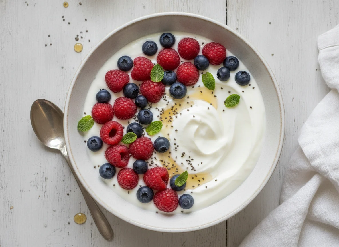 Greek yogurt with raspberries and blueberries photo