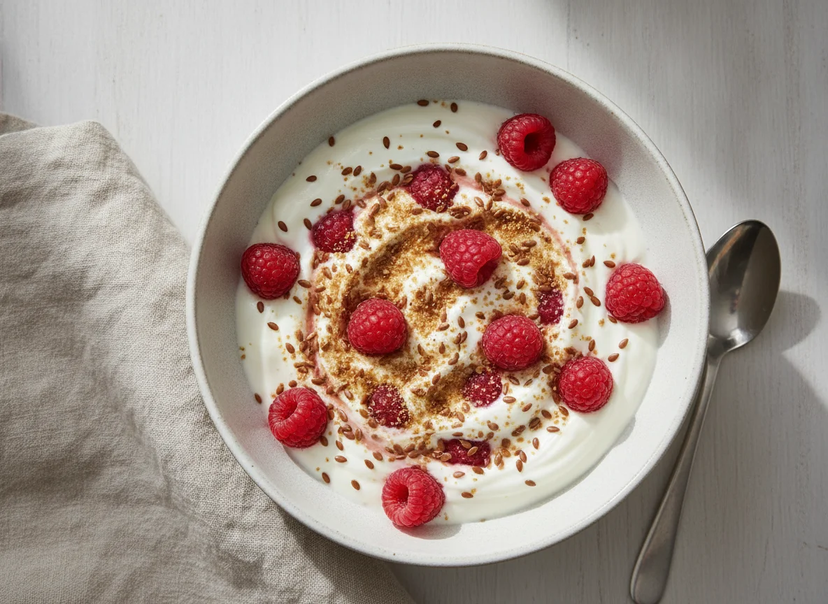 Greek yogurt with raspberries and flaxseed photo