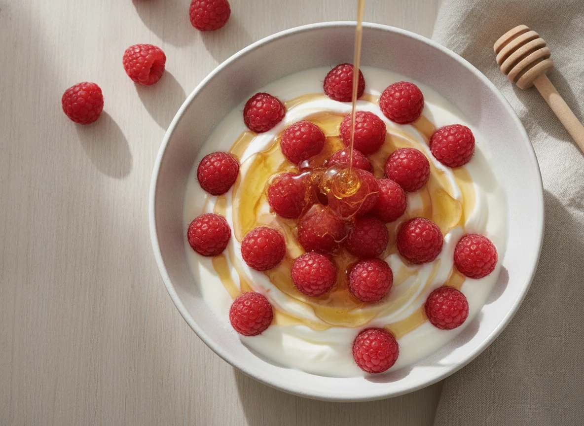 Greek yogurt with raspberries and honey photo