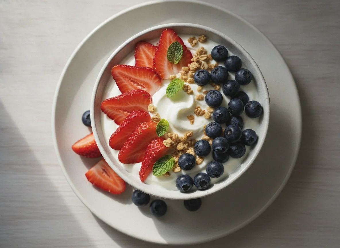 Greek yogurt with strawberries and blueberries photo