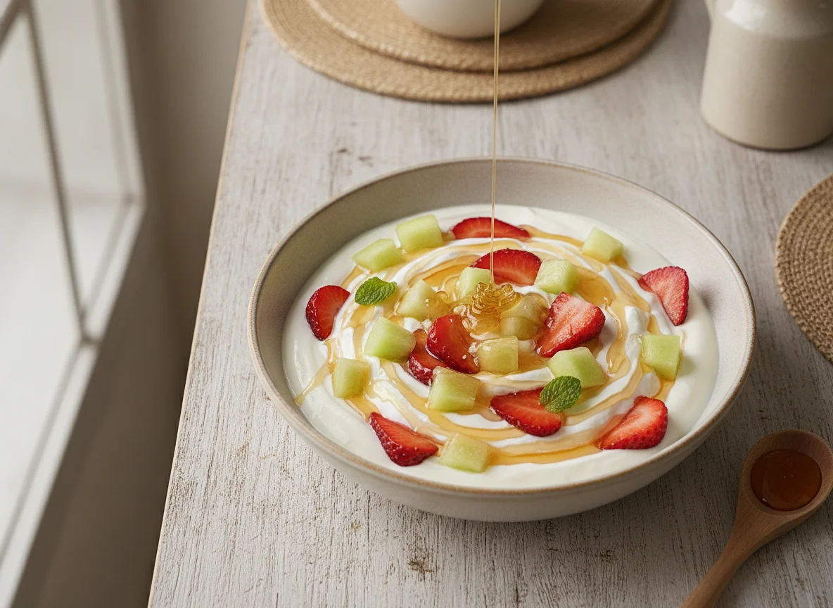 Greek yogurt with strawberries, melon and honey photo