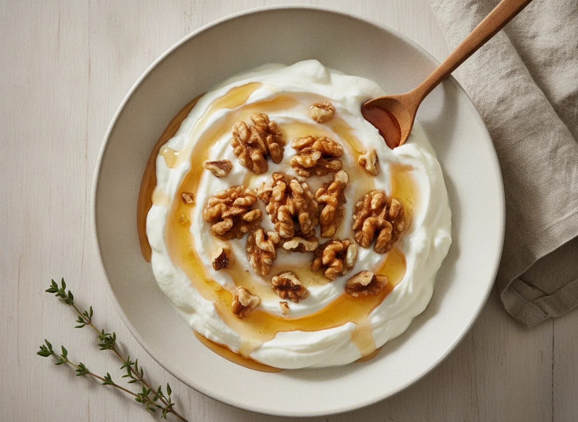 Greek yogurt with walnuts and honey photo
