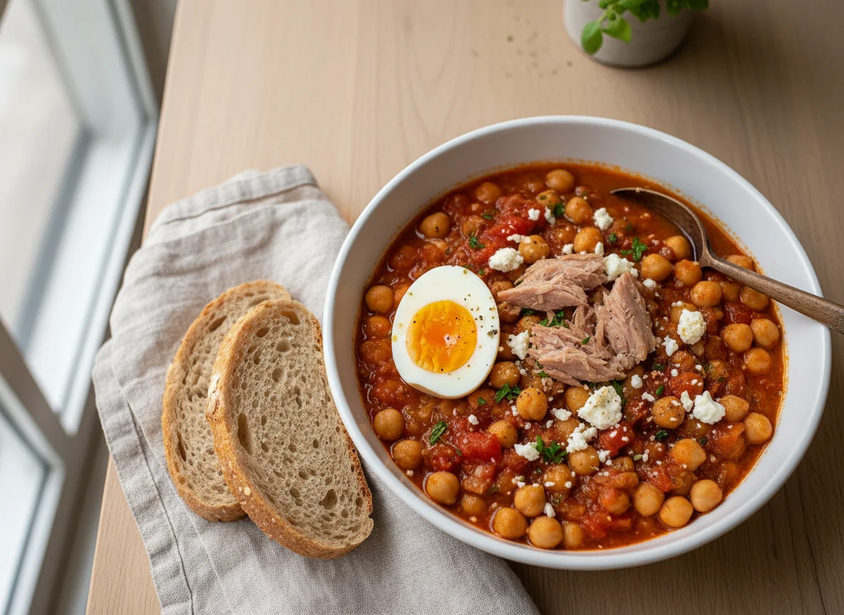 Greek-style Chickpea Stew with Tuna and Eggs photo