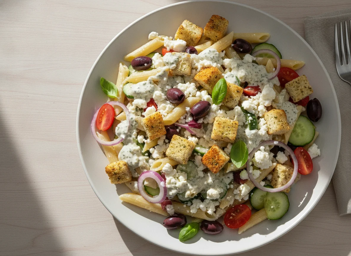 Greek-style pasta salad with croutons and dressing photo