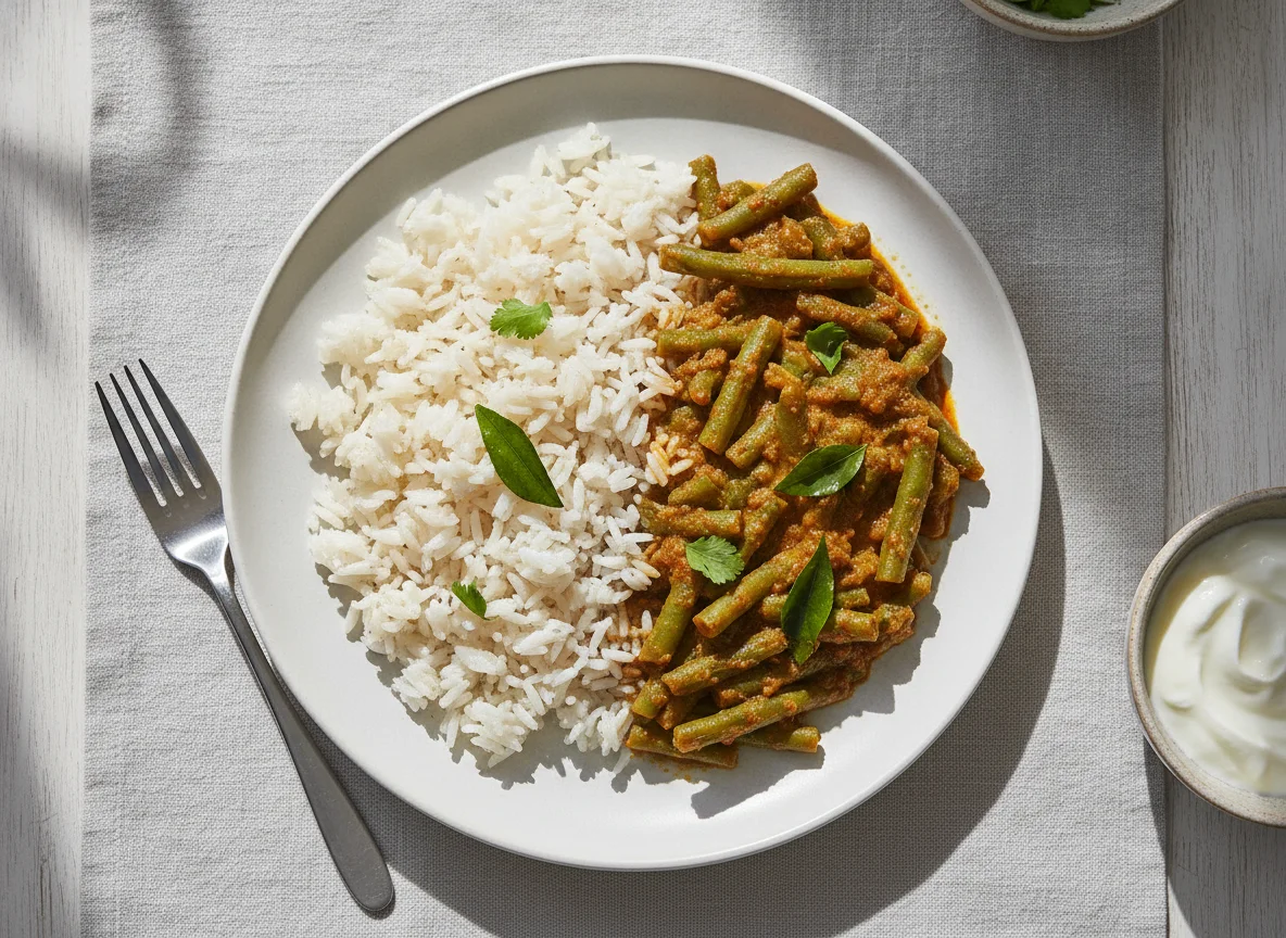 Green bean curry with basmati rice photo