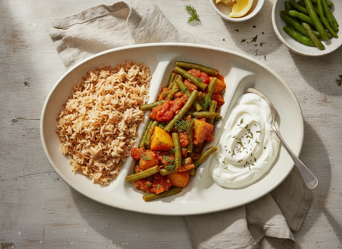 Green Beans Stew with Rice and Yogurt photo