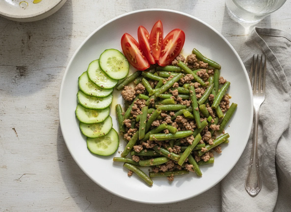 Green Beans with Ground Meat and Salad photo