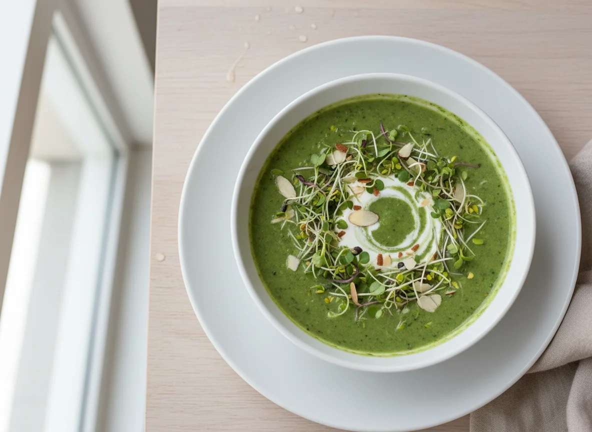 Green Cream Soup with Sprouts and Almonds photo