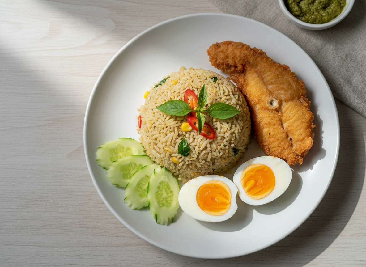 Green Curry Fried Rice with Fried Fish and Boiled Eggs photo