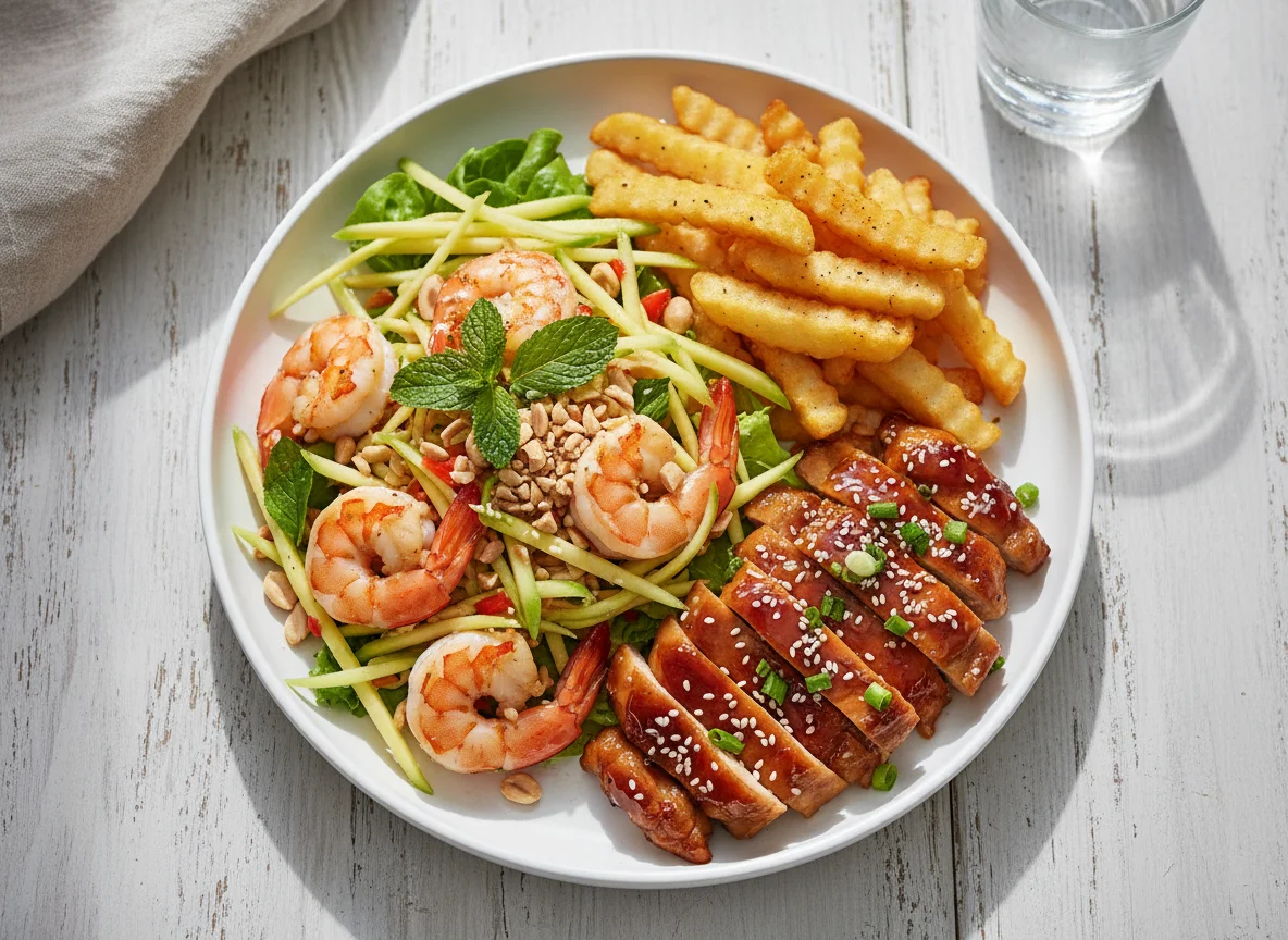 Green Mango Salad with Prawns, Teriyaki Chicken, and Chips photo