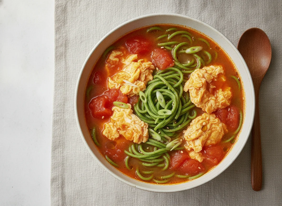 Green Noodles with Tomato Egg Soup photo