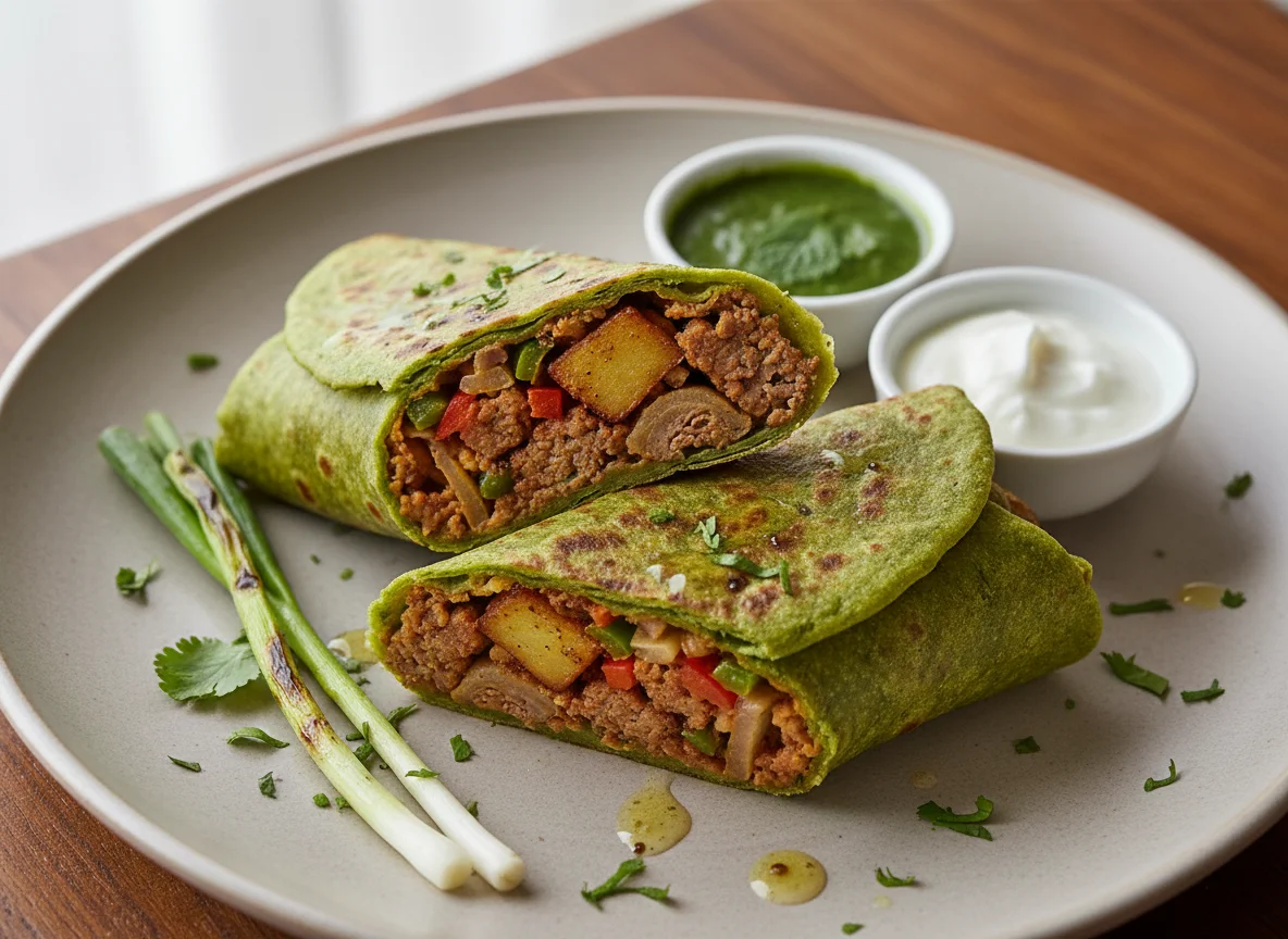 Green Paratha Roll with Minced Meat and Vegetables photo