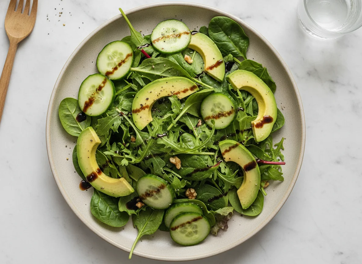 Green salad with avocado and cucumber photo