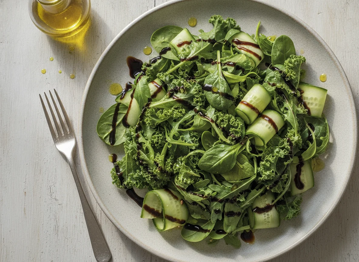 Green salad with cucumber and balsamic glaze photo