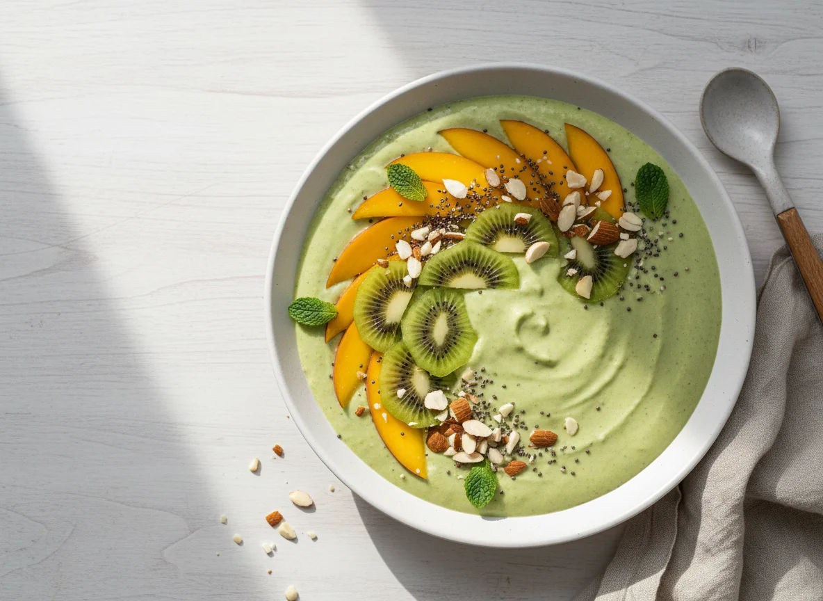 Green Smoothie Bowl with Fruits and Nuts photo