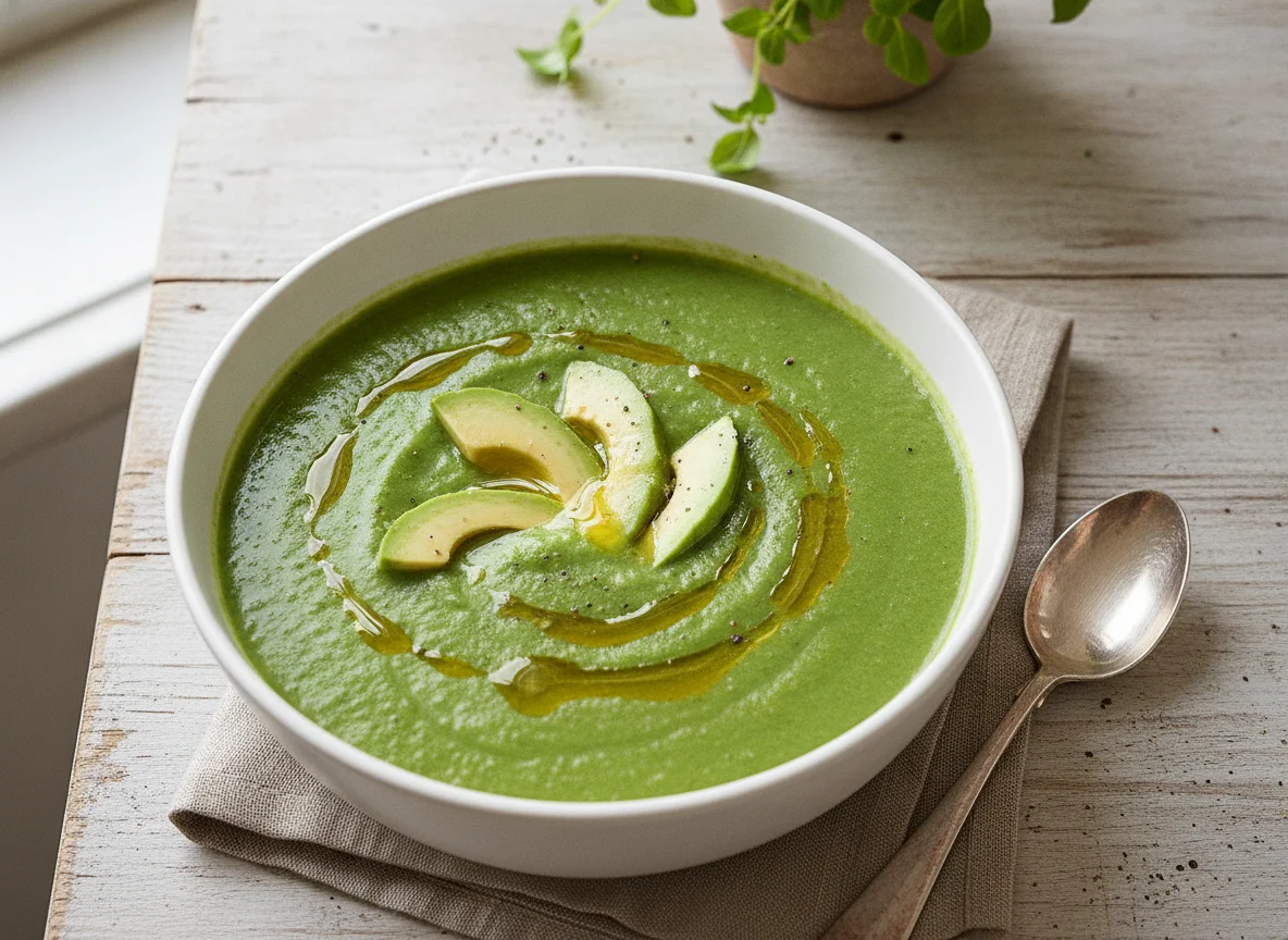 Green Soup with Avocado Slices photo