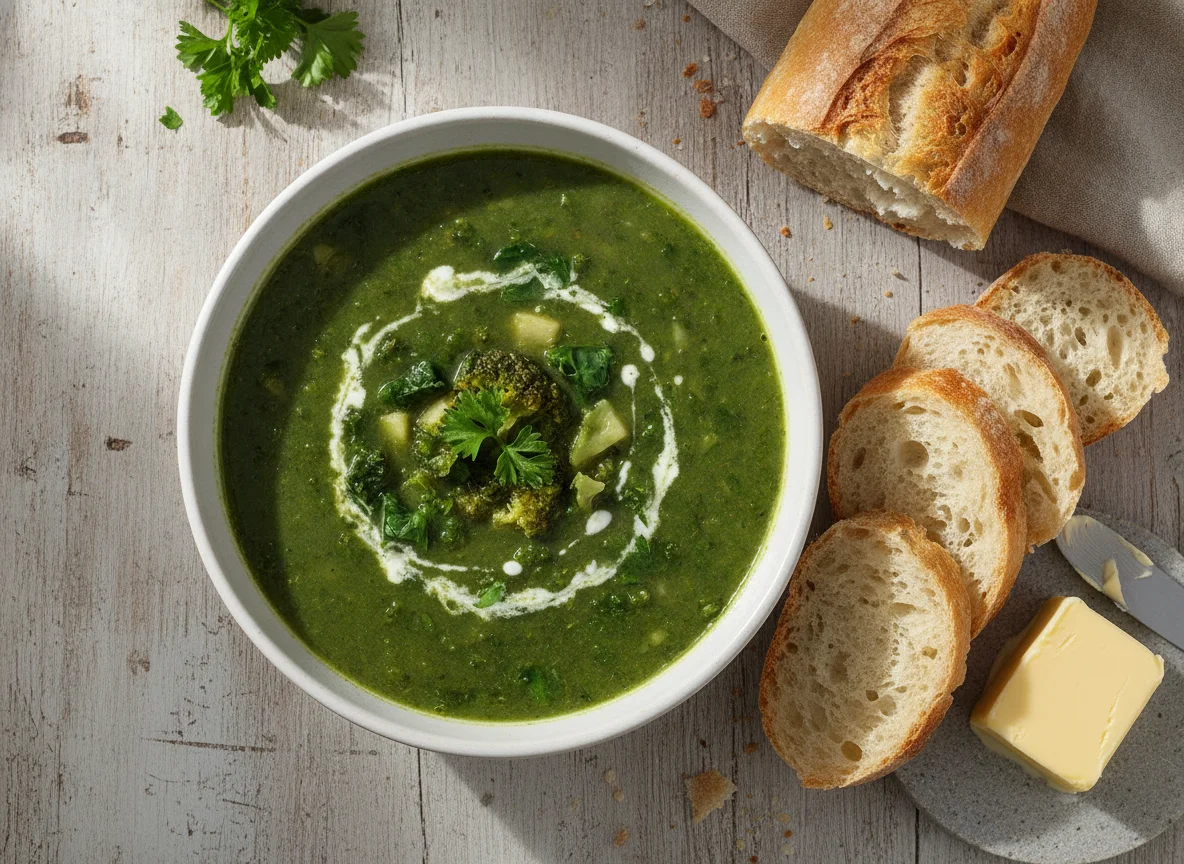 Green Vegetable Soup with Baguette and Butter photo