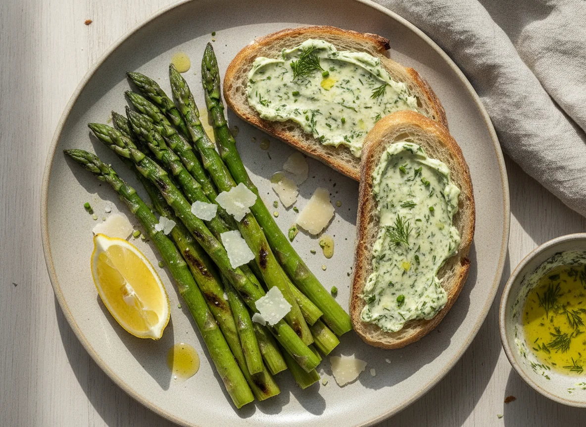 Grilled asparagus with sourdough bread and herb butter photo