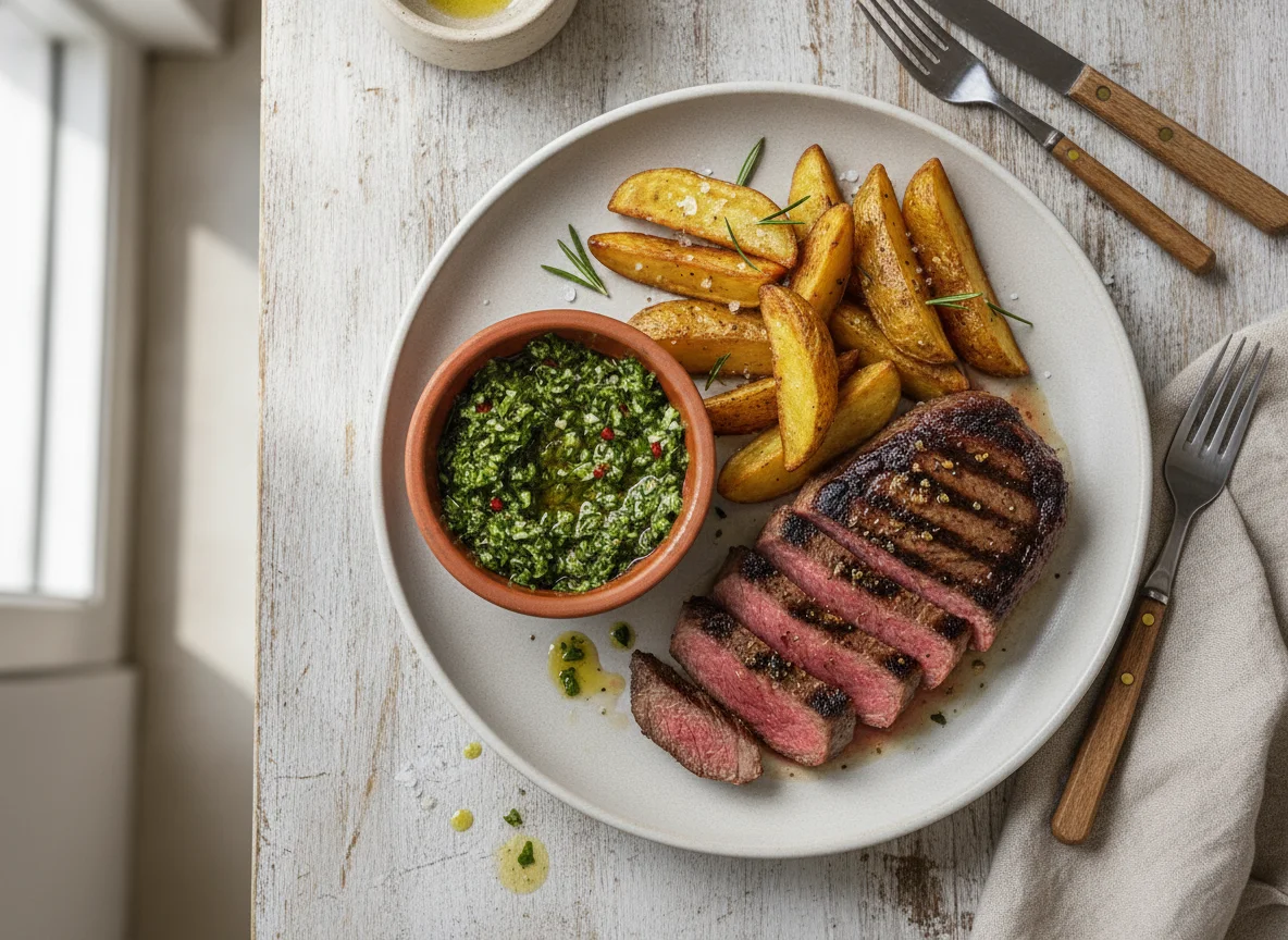 Grilled Bavette with Potato Wedges and Salsa photo