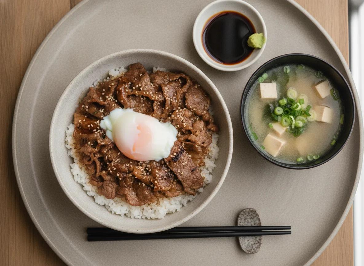 Grilled Beef Donburi with Onsen Egg and Miso Soup photo