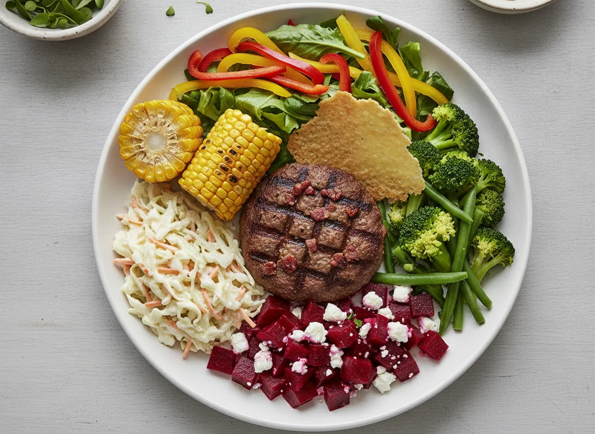 Grilled beef patty with corn on the cob and mixed salads photo