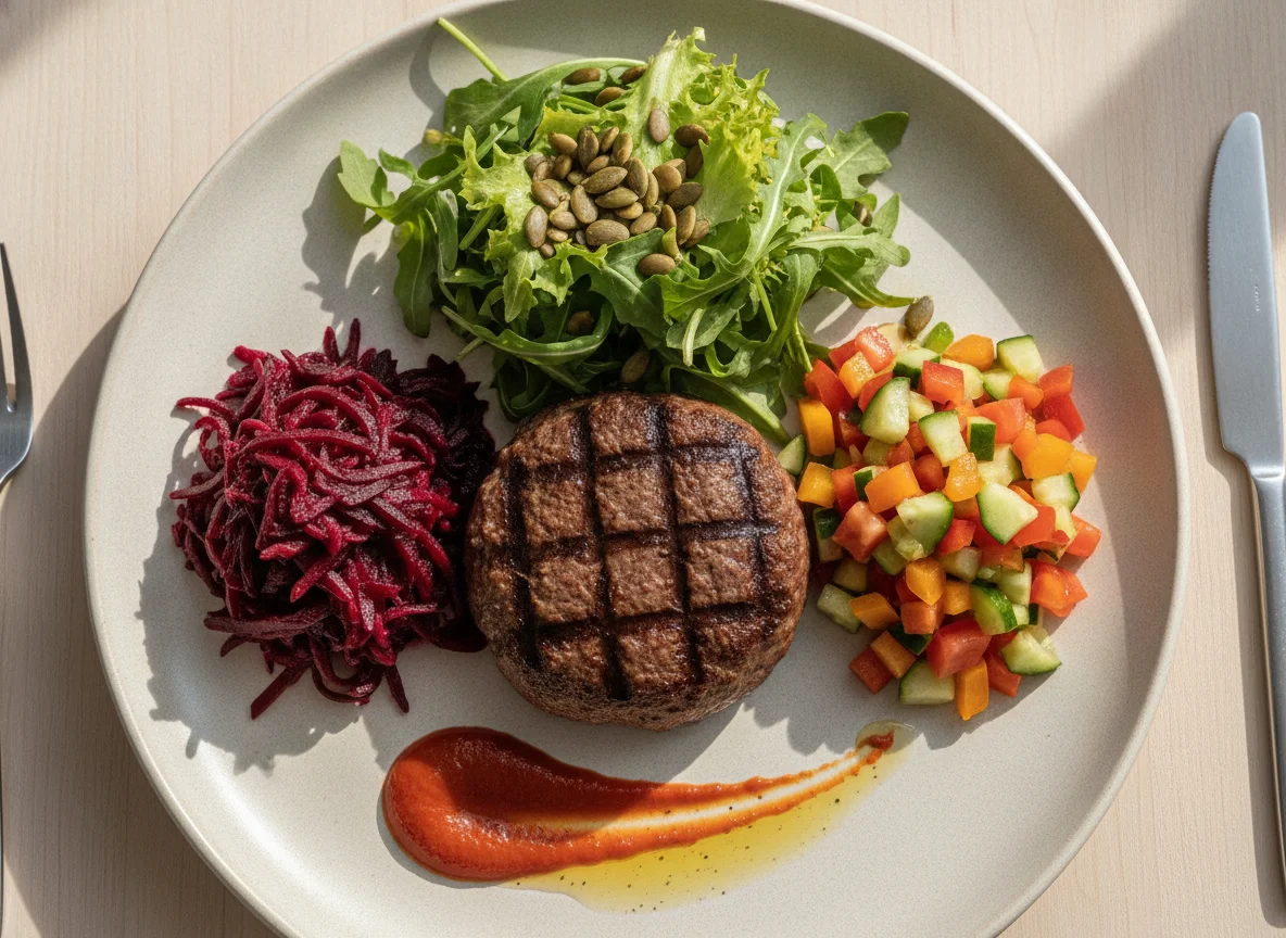 Grilled beef patty with mixed salads photo
